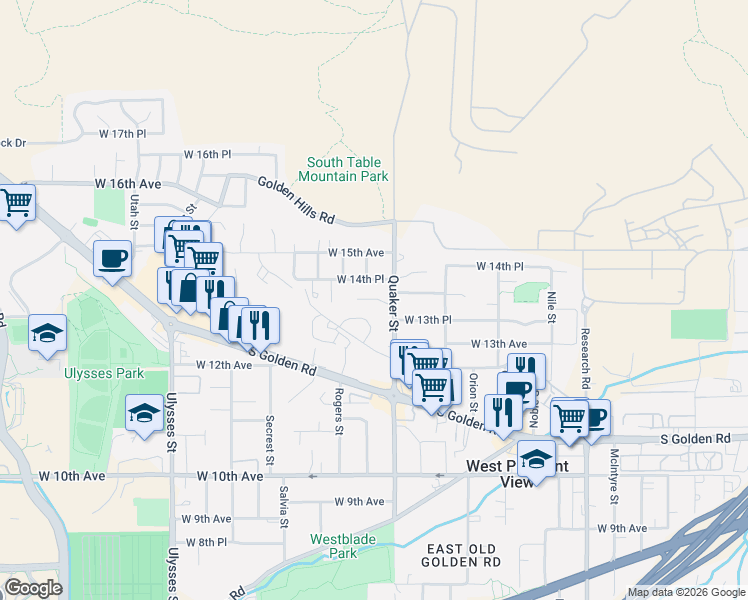 map of restaurants, bars, coffee shops, grocery stores, and more near 1349 Quaker Street in Golden