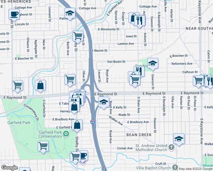 map of restaurants, bars, coffee shops, grocery stores, and more near 1450 East Raymond Street in Indianapolis