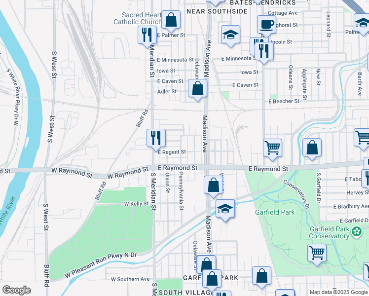 map of restaurants, bars, coffee shops, grocery stores, and more near 65 East Regent Street in Indianapolis