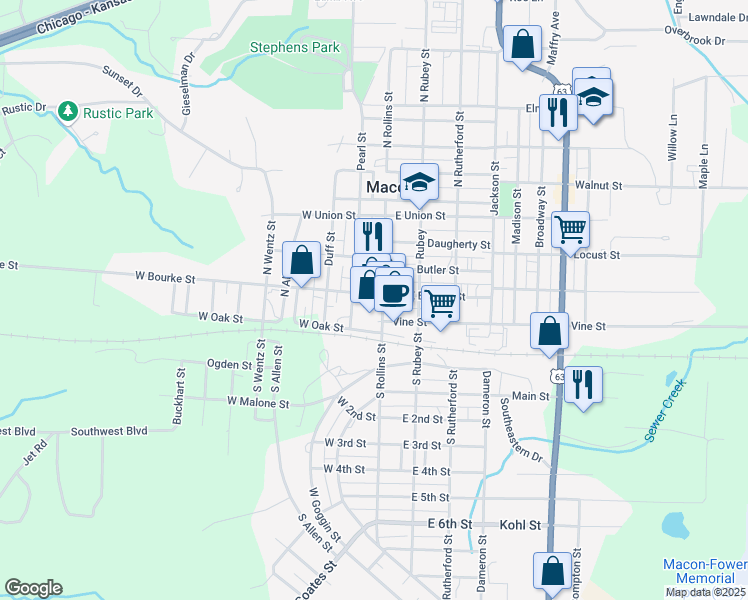 map of restaurants, bars, coffee shops, grocery stores, and more near 105 N Rollins St in Macon