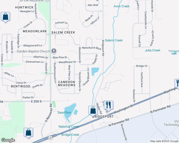 map of restaurants, bars, coffee shops, grocery stores, and more near 1919 Orchid Bloom Lane in Indianapolis