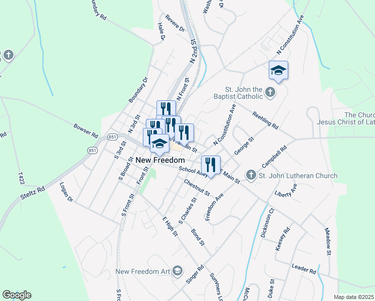 map of restaurants, bars, coffee shops, grocery stores, and more near 34 East Franklin Street in New Freedom