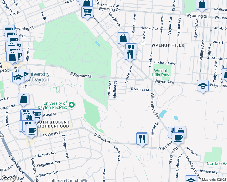 map of restaurants, bars, coffee shops, grocery stores, and more near 257 Medford Street in Dayton