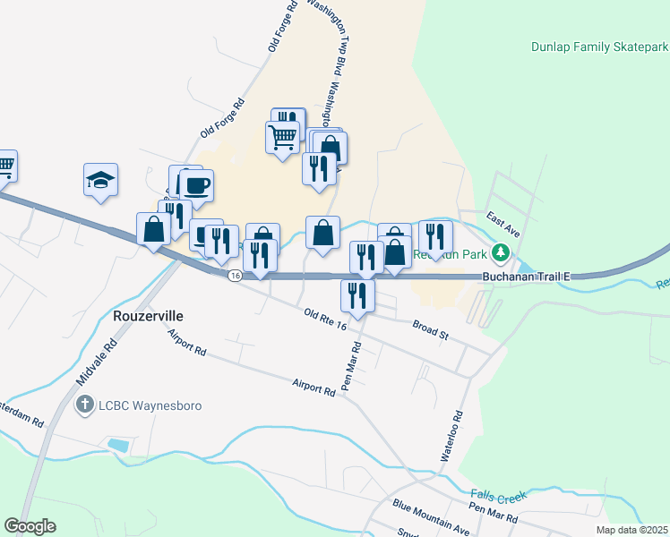 map of restaurants, bars, coffee shops, grocery stores, and more near 11601 Buchanan Trail East in Waynesboro
