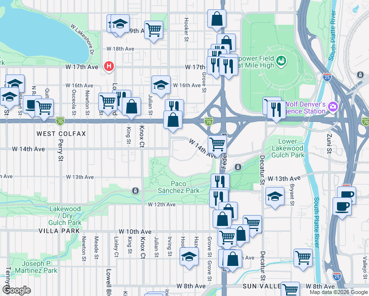 map of restaurants, bars, coffee shops, grocery stores, and more near 3190 West 14th Avenue in Denver