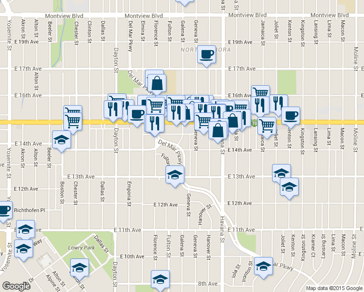 map of restaurants, bars, coffee shops, grocery stores, and more near 1349 Del Mar Parkway in Aurora