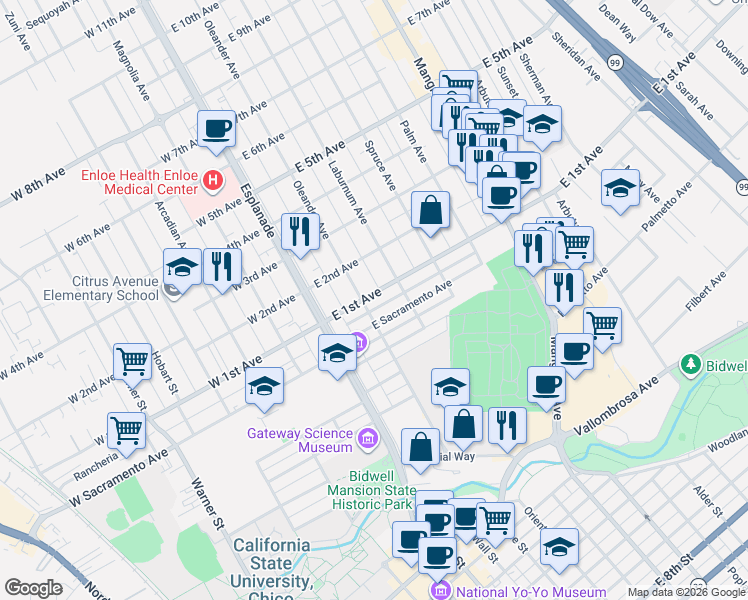 map of restaurants, bars, coffee shops, grocery stores, and more near 252 East Sacramento Avenue in Chico
