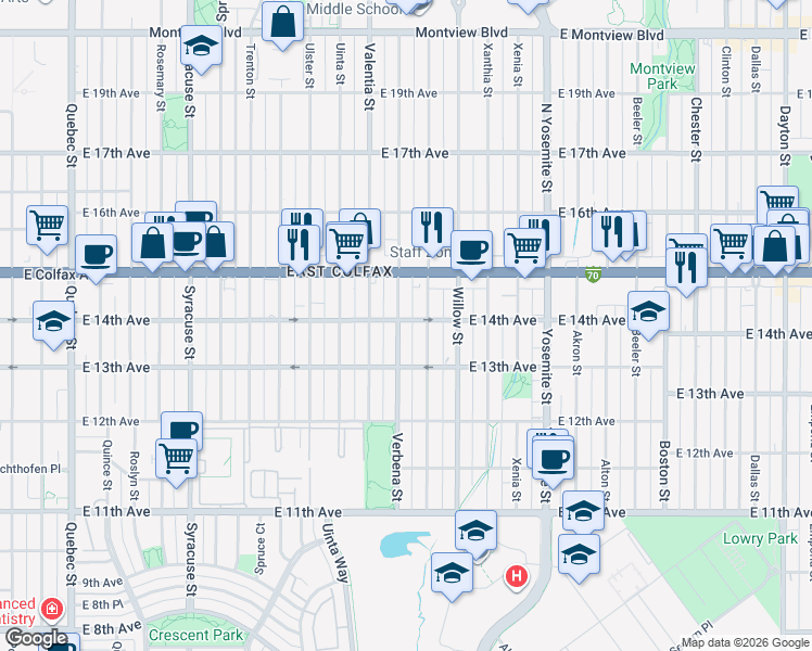 map of restaurants, bars, coffee shops, grocery stores, and more near 1341 Verbena Street in Denver