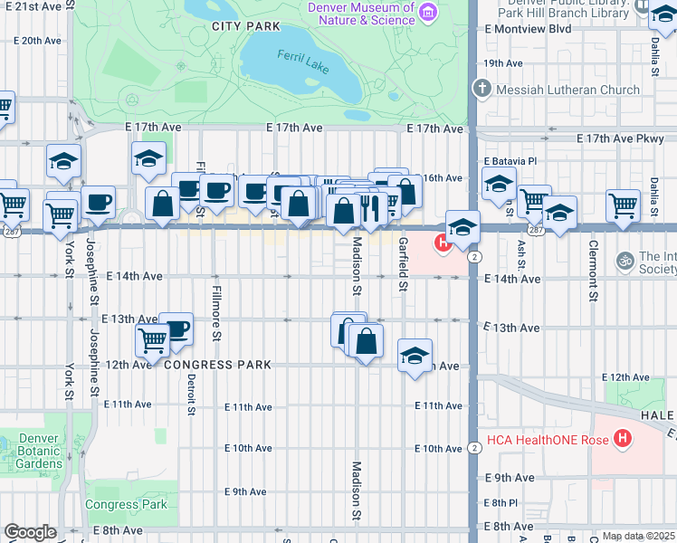 map of restaurants, bars, coffee shops, grocery stores, and more near 1357 Cook Street in Denver