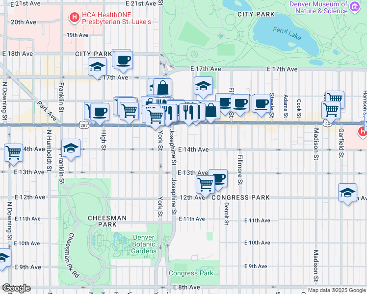 map of restaurants, bars, coffee shops, grocery stores, and more near 1369 Columbine Street in Denver