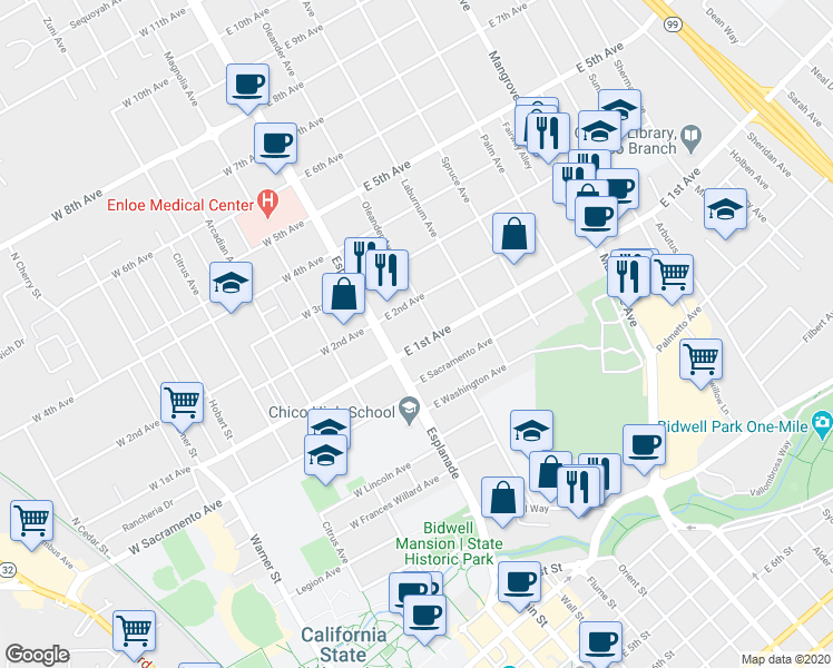 map of restaurants, bars, coffee shops, grocery stores, and more near 180 East 1st Avenue in Chico