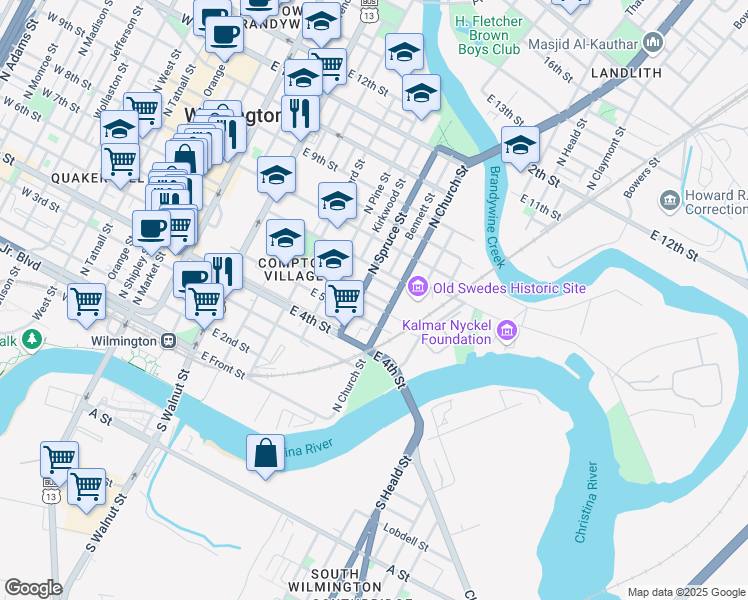 map of restaurants, bars, coffee shops, grocery stores, and more near 716 East 6th Street in Wilmington