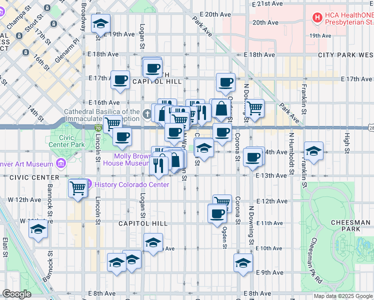 map of restaurants, bars, coffee shops, grocery stores, and more near 701 East 14th Avenue in Denver