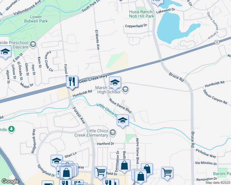 map of restaurants, bars, coffee shops, grocery stores, and more near 2253 Humboldt Road in Chico