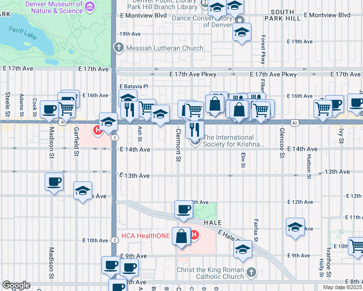 map of restaurants, bars, coffee shops, grocery stores, and more near 1385 Cherry Street in Denver