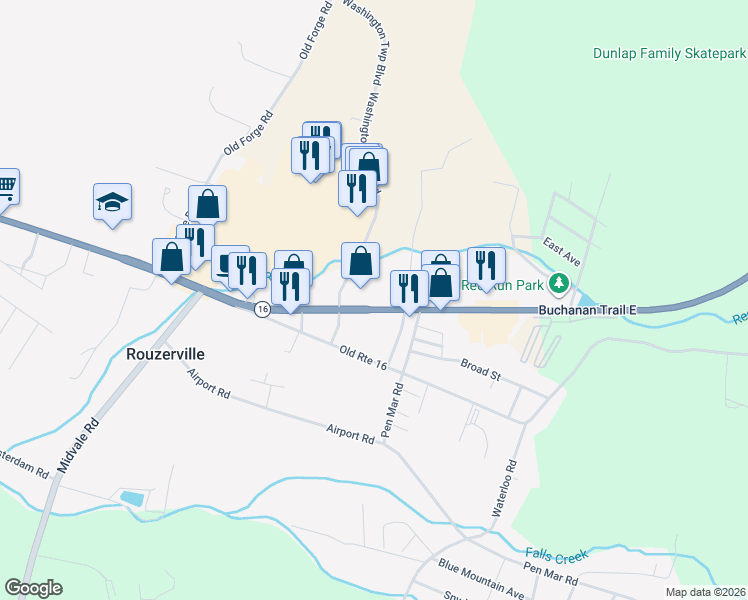 map of restaurants, bars, coffee shops, grocery stores, and more near 11601 Buchanan Trail East in Waynesboro
