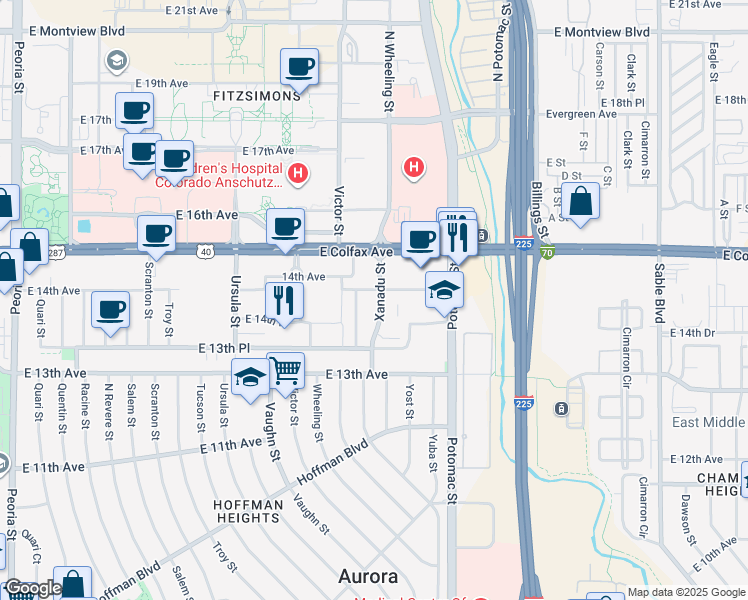 map of restaurants, bars, coffee shops, grocery stores, and more near 1352 Worchester Street in Aurora