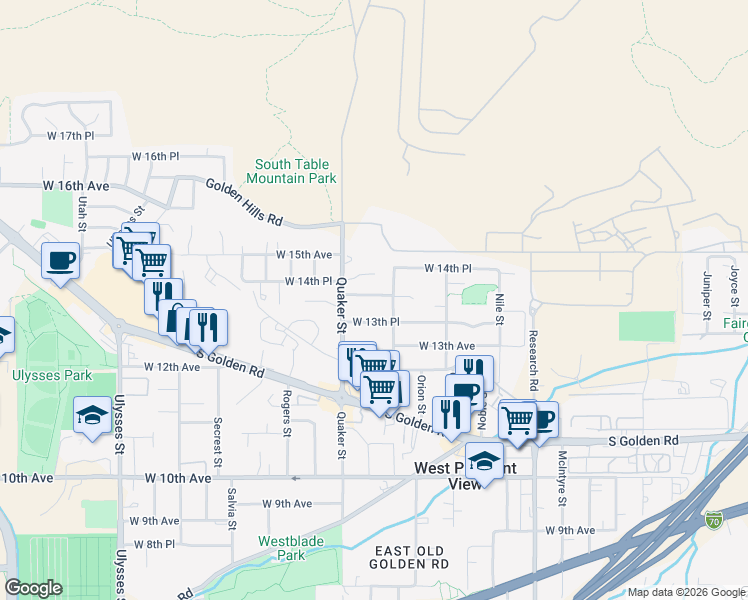 map of restaurants, bars, coffee shops, grocery stores, and more near 16299 West 13th Place in Golden