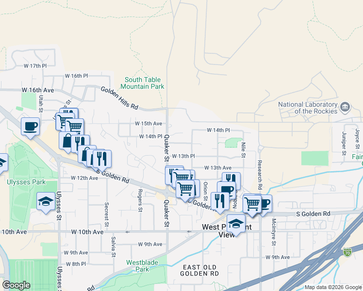 map of restaurants, bars, coffee shops, grocery stores, and more near 16299 West 13th Place in Golden