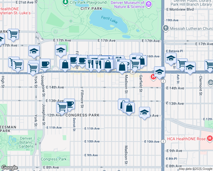 map of restaurants, bars, coffee shops, grocery stores, and more near 1412 Steele Street in Denver