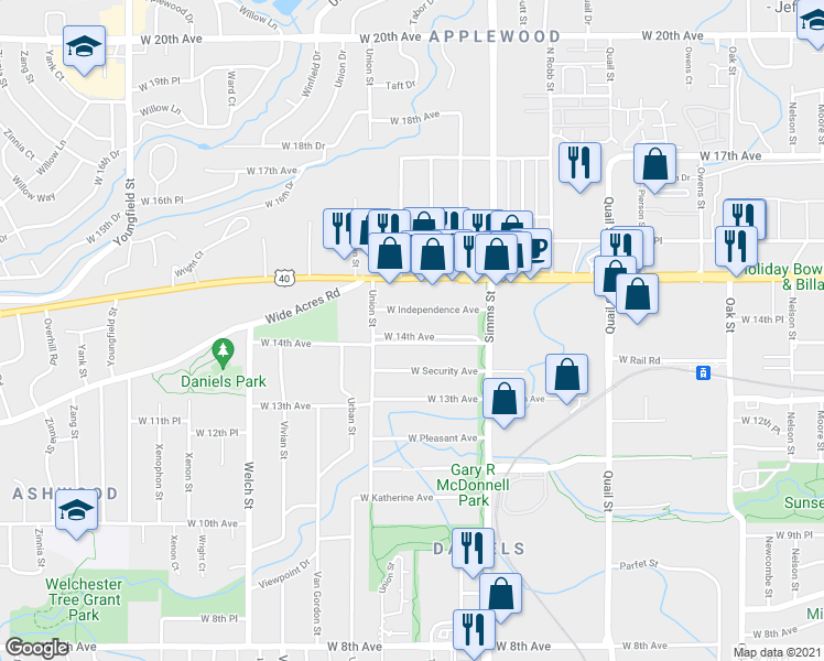 map of restaurants, bars, coffee shops, grocery stores, and more near 11869 West 14th Avenue in Golden