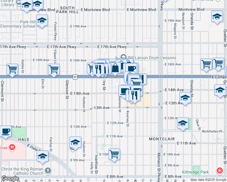 map of restaurants, bars, coffee shops, grocery stores, and more near 1380 Jersey Street in Denver