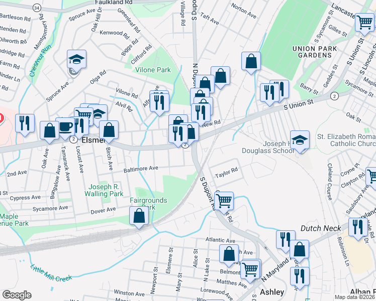 map of restaurants, bars, coffee shops, grocery stores, and more near 108 South Dupont Road in Elsmere