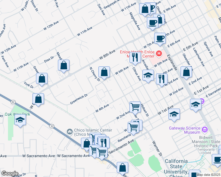 map of restaurants, bars, coffee shops, grocery stores, and more near 1502 North Cherry Street in Chico