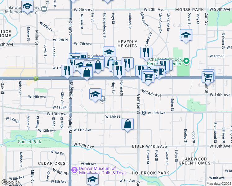map of restaurants, bars, coffee shops, grocery stores, and more near 1390 Hoyt Street in Lakewood