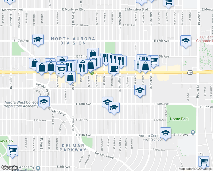 map of restaurants, bars, coffee shops, grocery stores, and more near 10950 East 14th Avenue in Aurora