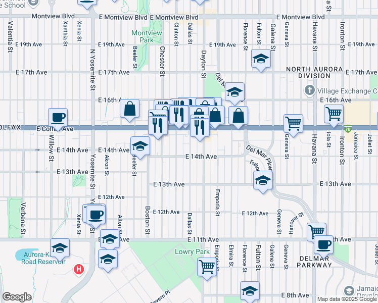 map of restaurants, bars, coffee shops, grocery stores, and more near 1445 Dallas Street in Aurora