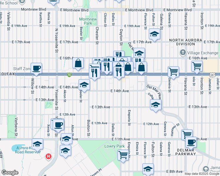 map of restaurants, bars, coffee shops, grocery stores, and more near 1395 Dallas Street in Aurora