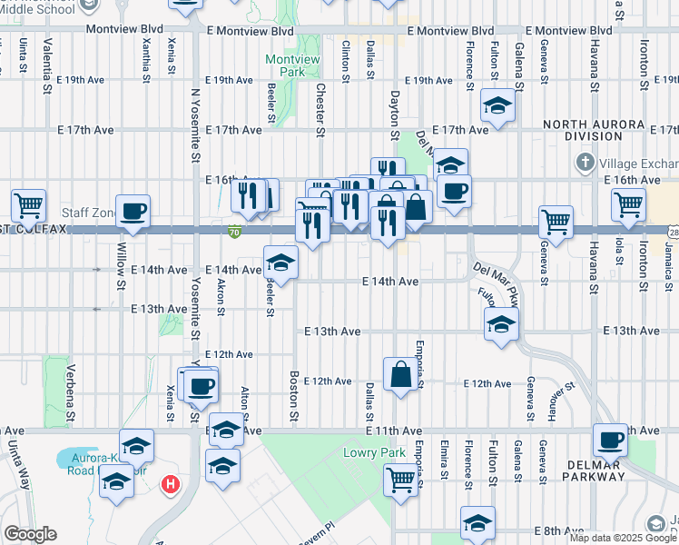 map of restaurants, bars, coffee shops, grocery stores, and more near 1390 Chester Street in Aurora