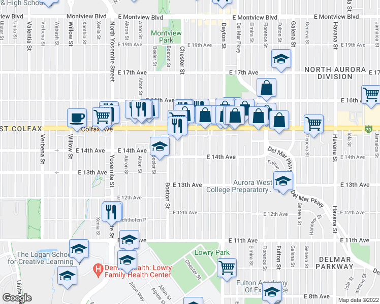 map of restaurants, bars, coffee shops, grocery stores, and more near 1390 Chester Street in Aurora
