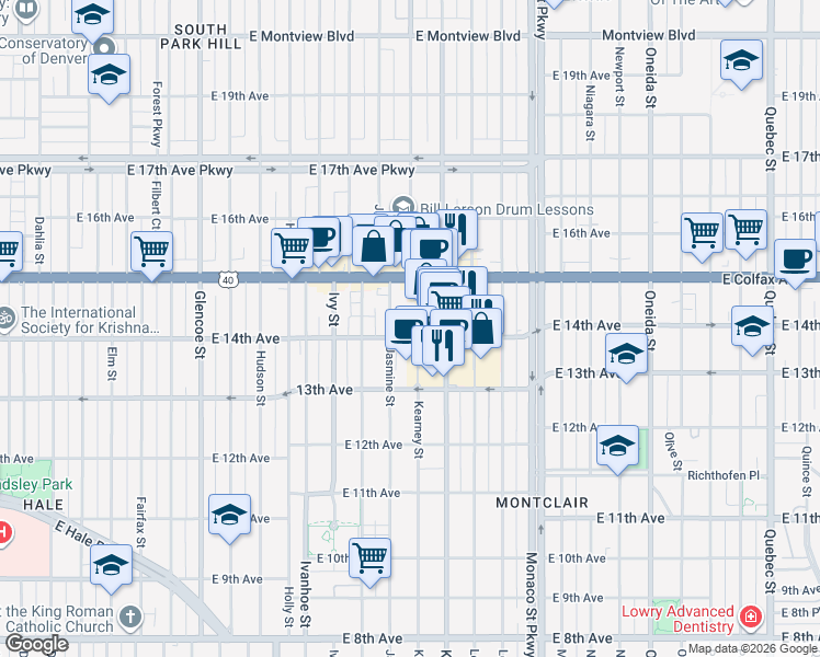 map of restaurants, bars, coffee shops, grocery stores, and more near 1355 Krameria Street in Denver