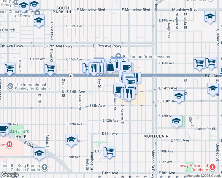 map of restaurants, bars, coffee shops, grocery stores, and more near 1380 Jersey Street in Denver