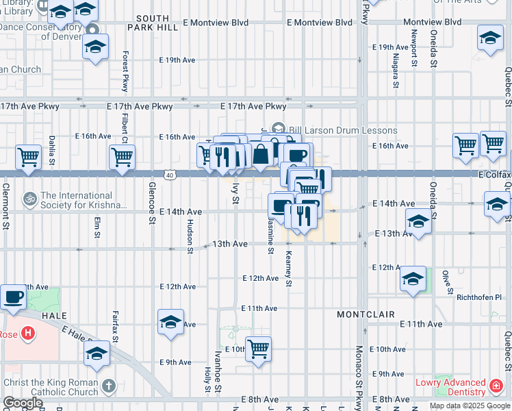 map of restaurants, bars, coffee shops, grocery stores, and more near 1380 Jersey Street in Denver