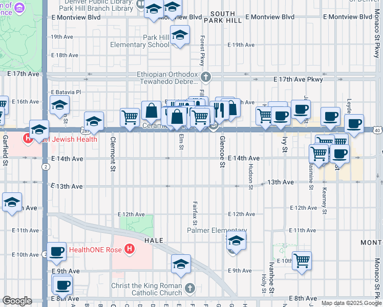 map of restaurants, bars, coffee shops, grocery stores, and more near 1380 Fairfax Street in Denver