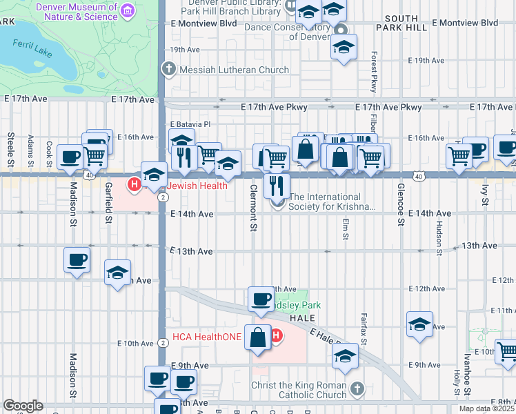 map of restaurants, bars, coffee shops, grocery stores, and more near 1385 Cherry Street in Denver