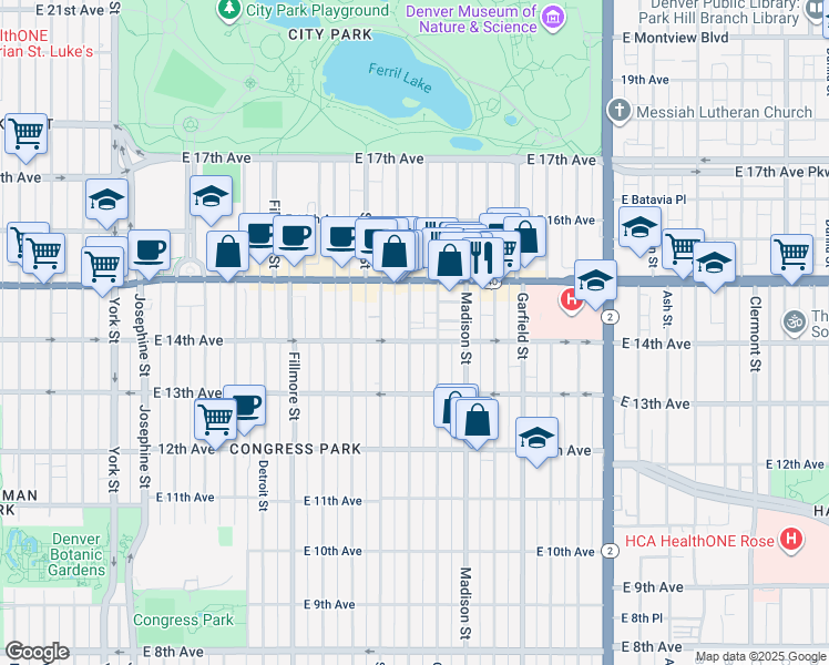 map of restaurants, bars, coffee shops, grocery stores, and more near 1357 Cook Street in Denver