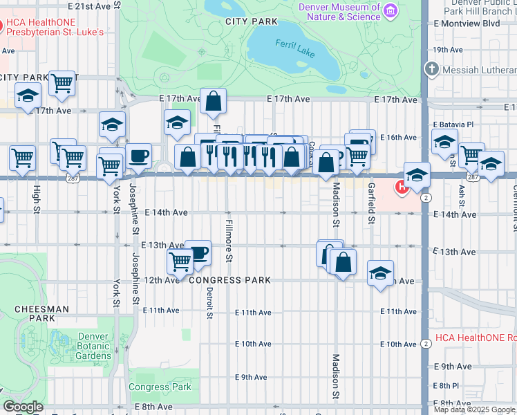 map of restaurants, bars, coffee shops, grocery stores, and more near 1362 Saint Paul Street in Denver
