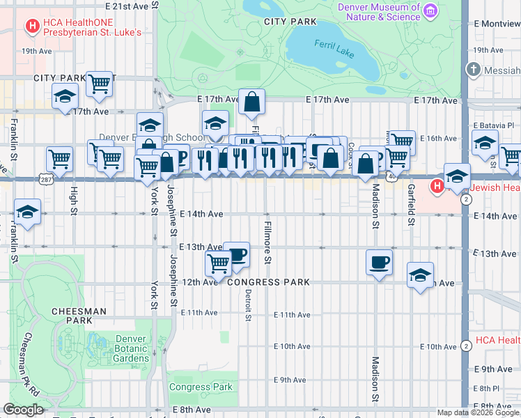 map of restaurants, bars, coffee shops, grocery stores, and more near 1380 Detroit Street in Denver