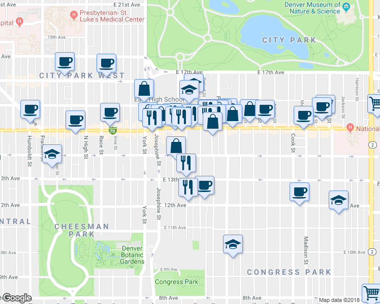 map of restaurants, bars, coffee shops, grocery stores, and more near 1365 Elizabeth Street in Denver