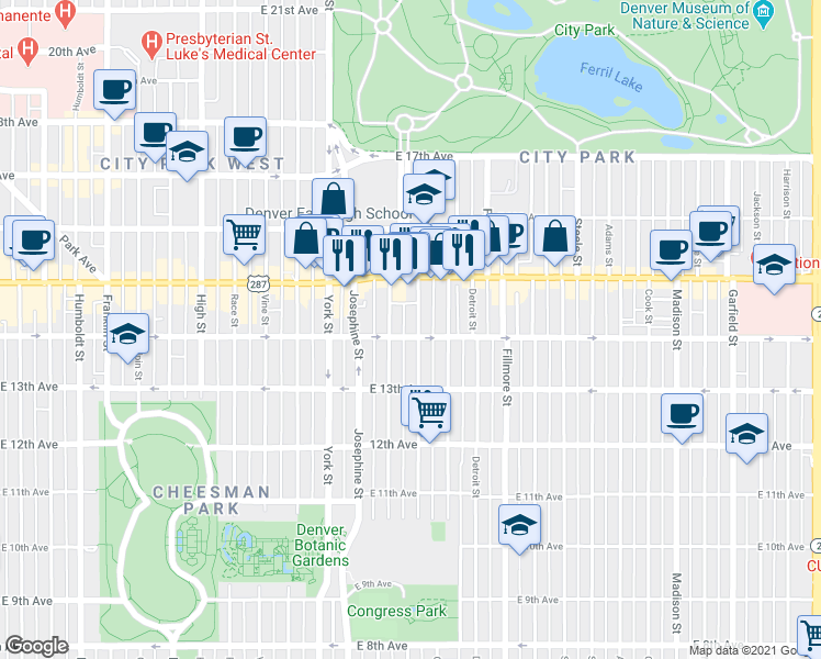 map of restaurants, bars, coffee shops, grocery stores, and more near 1365 Elizabeth Street in Denver