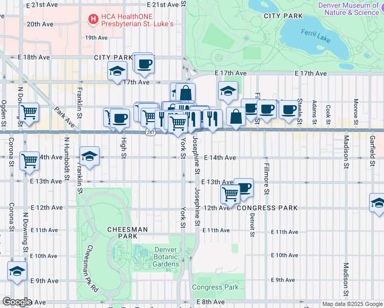 map of restaurants, bars, coffee shops, grocery stores, and more near 1364 York Street in Denver