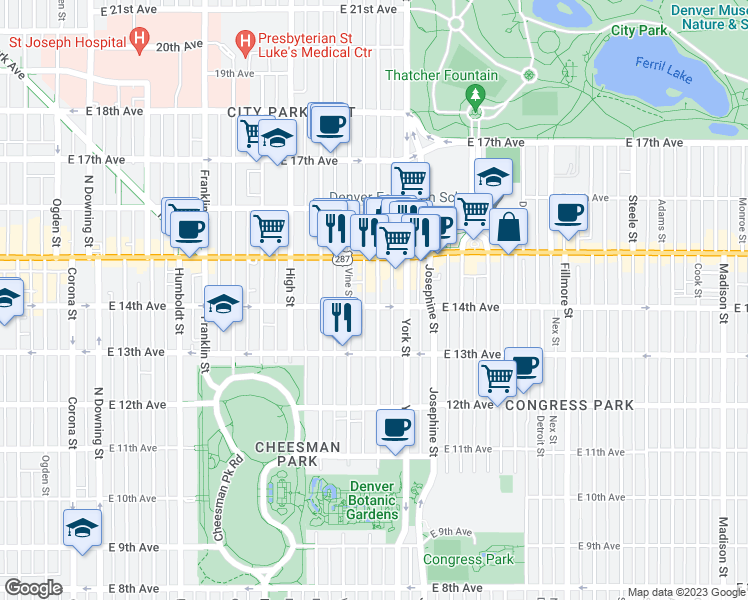 map of restaurants, bars, coffee shops, grocery stores, and more near in Denver