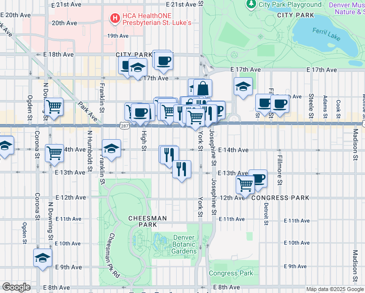 map of restaurants, bars, coffee shops, grocery stores, and more near in Denver