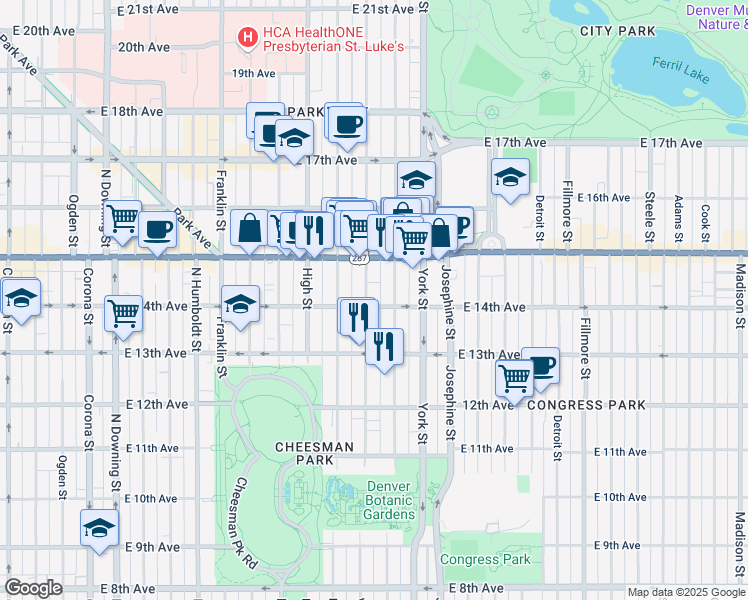 map of restaurants, bars, coffee shops, grocery stores, and more near in Denver