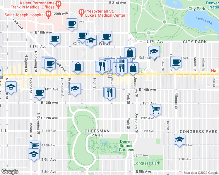 map of restaurants, bars, coffee shops, grocery stores, and more near in Denver