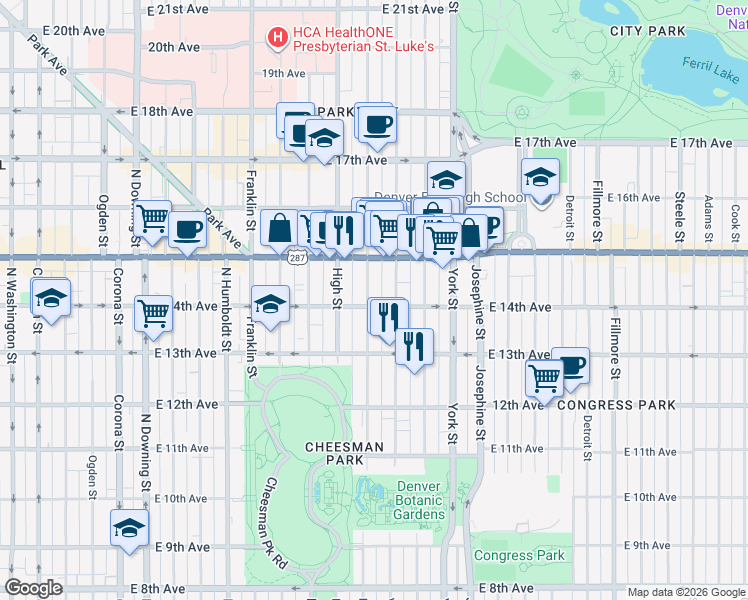 map of restaurants, bars, coffee shops, grocery stores, and more near 1365 Vine Street in Denver